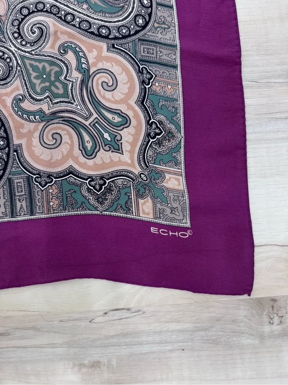 Echo Vintage Paisley Scarf maroon red with green and neutral tones 34x34 square